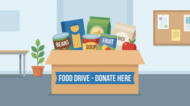 Cardboard food donation box for community charity food drive.