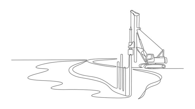 Continuous line drawing of a pile driver machine on a construction site.