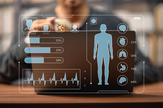 Futuristic Digital Health Interface Display Showing Human Body Data and Analytics