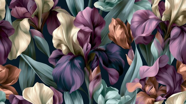 Purple iris floral pattern with lush teal leaves and painterly vintage garden texture for luxury wallpaper, fabric, packaging, and decor.

