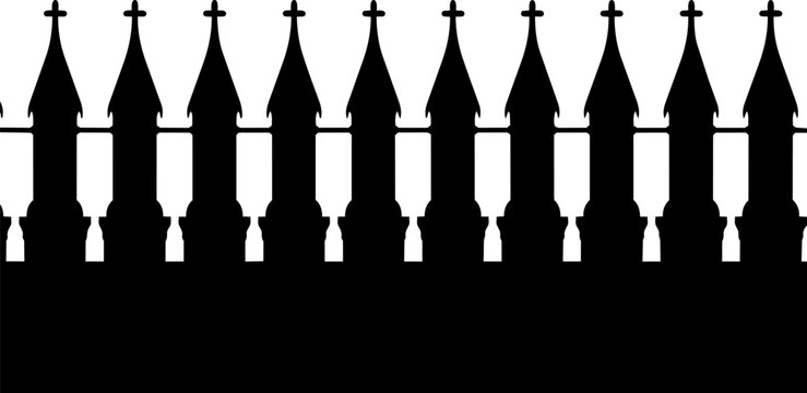Gothic church silhouette pattern, black cathedral spires vector illustration, religious architecture roofline border, medieval building skyline