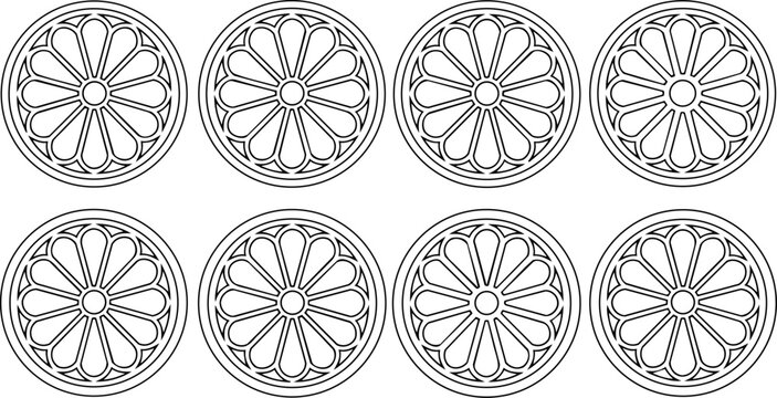 Gothic rose window vector set, 8 circular cathedral architectural ornaments, black and white geometric mandala patterns for church design