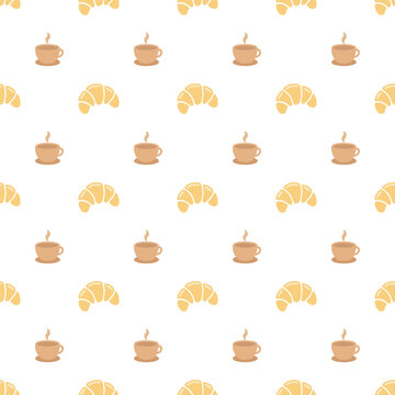 Cute bakery seamless pattern on white background. Minimalist grid layout with croissants and hot coffee cups vector illustration.