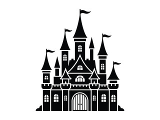 Elegant black silhouette of a majestic fairytale castle featuring numerous pointed spires towering.
