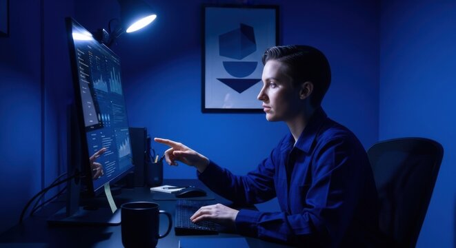 Focused Woman Analyzing Data On Computer Screen In Dimly Lit Office