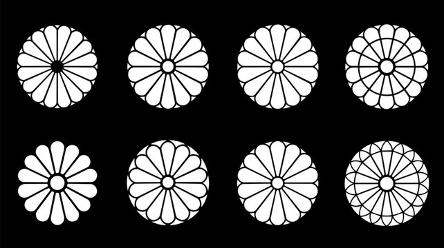Japanese chrysanthemum crest set, traditional imperial mon symbols in white vector, 8 geometric floral emblems for oriental branding and pattern design
