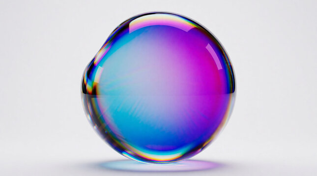 Abstract 3D iridescent liquid glass sphere with vibrant blue and purple holographic gradient on white background