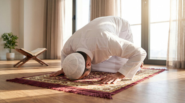 Muslim man performing sujood on an ornate prayer rug at home beside the Quran, expressing Islamic faith, devotion, humility and peaceful spiritual worship.