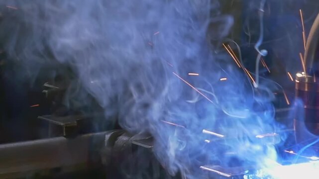 Witness a stunning display of power as an industrial argon welding robot expertly fuses metal together. The close-up slow motion captures the bright sparks and billowing smoke in intricate detail.