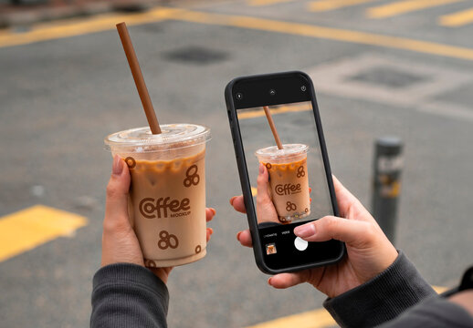 Smartphone Screen Display with Transparent Coffee Cup Mockup