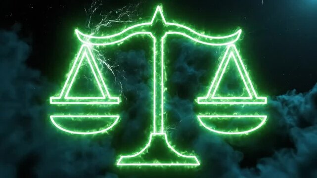 Neon green libra scales symbol against moody dark cloud background with electric spark effect