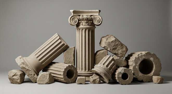 An elegant 3D render of an Ionic order classical column surrounded by stone debris and broken pillar fragments on a neutral grey background