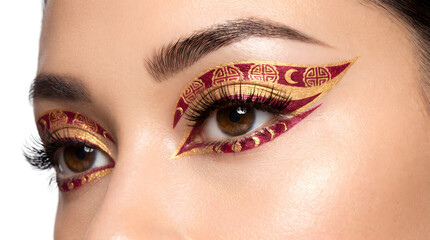 Naklejka premium Close-up of woman with intricate Chinese style red and gold eye makeup.