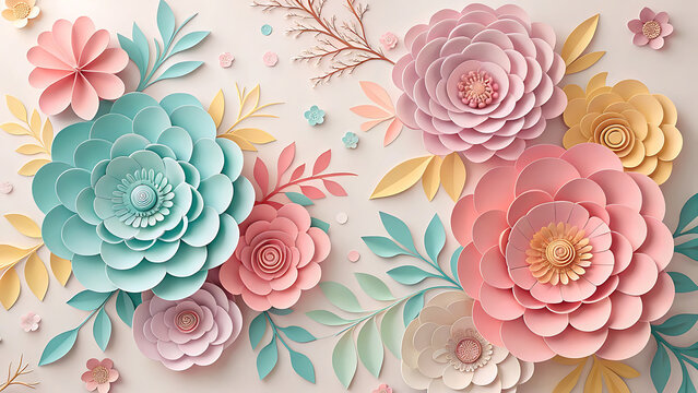 Elegant handmade paper flowers on soft pastel background