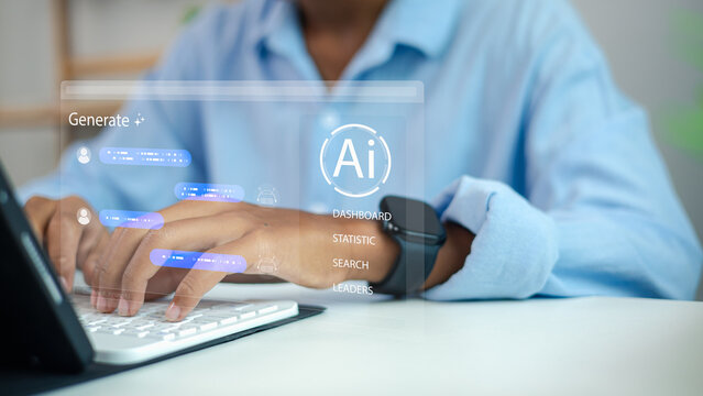 Businesswoman typing on computer keyboard using artificial intelligence generative chat prompt interface for automated business content, data analysis, and office productivity.
