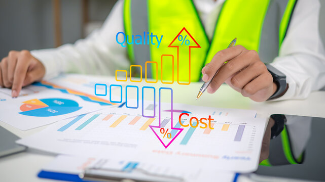 Engineer analyzing financial chart showing increasing quality and decreasing cost percentage for business growth, efficiency, optimization, performance management.