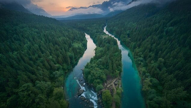 Aerial view of winding turquoise river surrounding dense green forest island at sunset