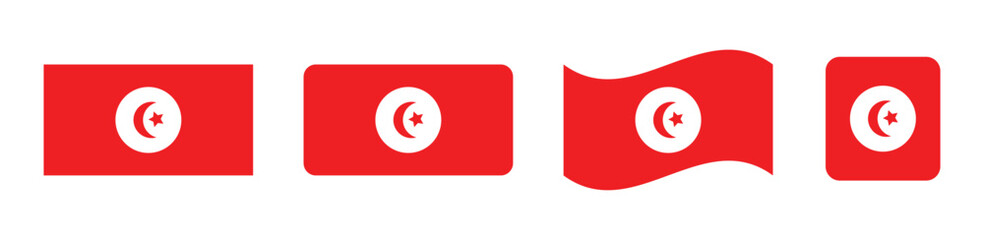 Obraz premium Tunisia Flag Set Waving Rectangle Rounded and Square National Flag Icon Vector Illustration