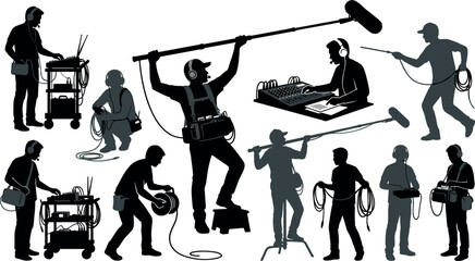 Film Sound Crew Silhouette Set Featuring Boom Operators, Audio Engineers, and Location Mixers for Video Production, Broadcasting, and Cinema Design Assets © Mark Donal!