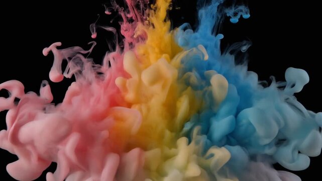 Vibrant plumes of pink, yellow, and blue ink swirl and dissolve in clear liquid.
