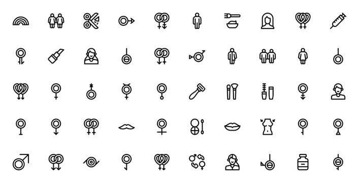 Gender identity icon pack. Minimal linear icons set. Featuring rainbow, lesbian, bisexual, gay, transgender, genderqueer, demigirl, and more. Editable vector stroke.