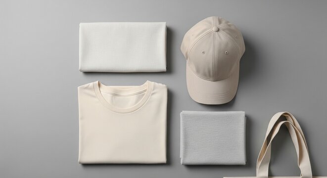 Flat lay of neutral toned clothing items including a t-shirt, cap, and folded fabric, neatly arranged on a gray backdrop, for modern apparel context.