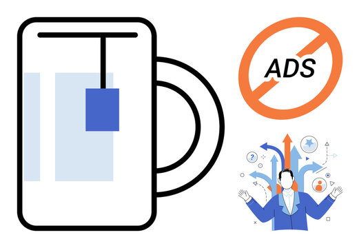Tea cup with tea bag and confused person with arrows vector illustration. Digital marketing, ad blocking, internet browsing, user experience, web privacy, content filtering. Beverage container