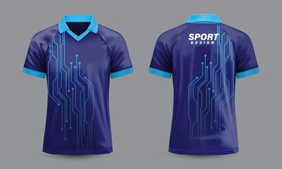 Sport T-Shirt mockup deep blue circuit technology pattern on grey front and back view design vector © patthana