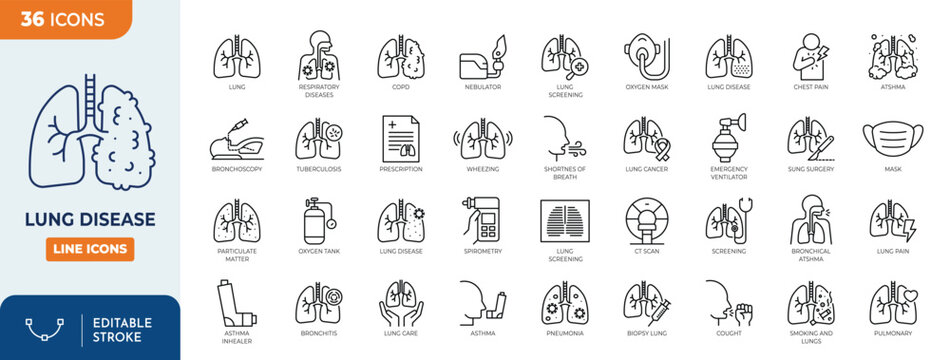 Lung Disease line editable icon set. Containing lung, disease, respiratory, asthma, Breathless, pulmonary illness, air polution and more. Editable stroke. Vector illustration