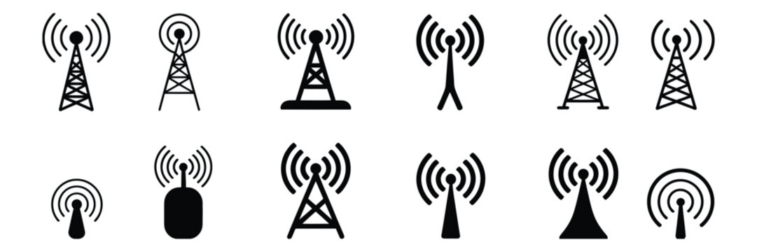 Antenna tower icon set, thin line symbols for communication, wireless signal, network connection, and telecom technology design.