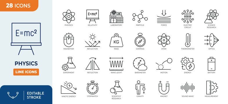 Physics line editable icon set. Containing physics, science, atom, experiment, and more. Editable stroke. Vector illustration