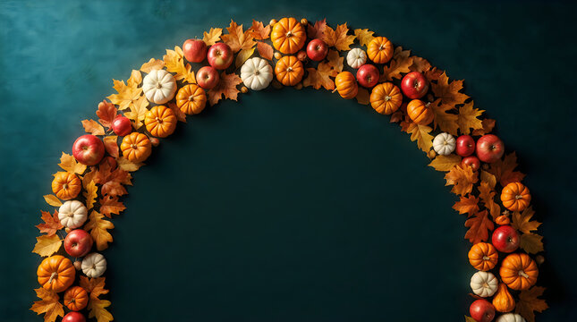 Autumn wreath made of colorful pumpkins and dry leaves on a dark green background