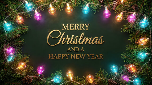 Merry christmas and happy new year greeting card with colorful glowing lights and pine branches
