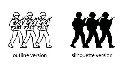 Obraz premium Soldiers Marching: A depiction of soldiers in an outline and silhouette version, showcasing a military march with rifles and gear.