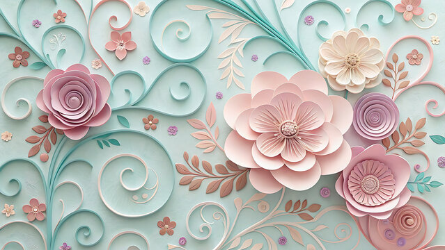 Intricate paper quilling floral design with swirls and flowers