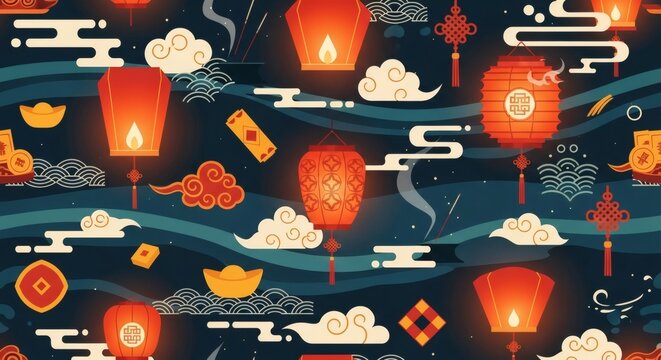Colorful Lantern Festival Pattern &ndash; Seamless Asian Celebration Background for Fabric and Packaging Design
