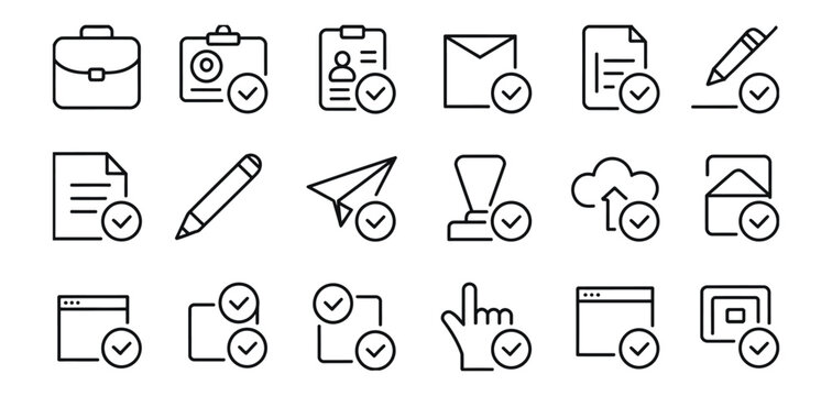 Apply icon set, submit form and approval symbols in bold vector style for user interface, workflow, and digital service design.