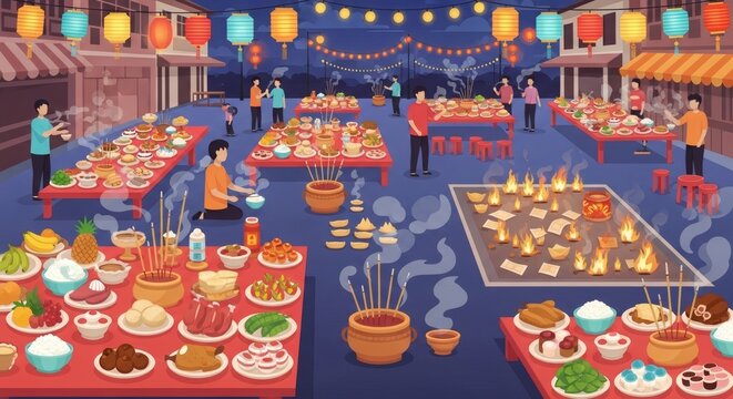 Festival Food Market Under Lanterns &ndash; Traditional Night Celebration Scene for Event Promotion