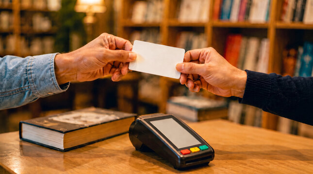 Close up of hands exchanging blank white card over counter with card payment terminal