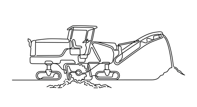 Continuous line drawing of a heavy industrial trencher machine for construction work.
