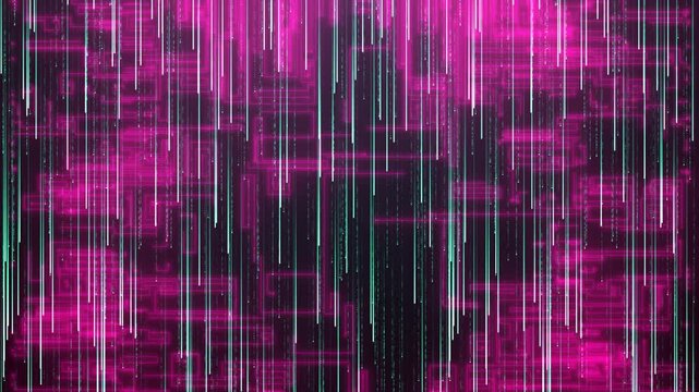 Abstract digital technology background with flowing vertical light beams and pink data patterns.