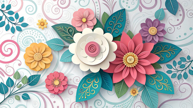 Detailed paper craft flowers and leaves on decorative surface