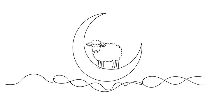 Cute sheep sitting on a crescent moon continuous line drawing