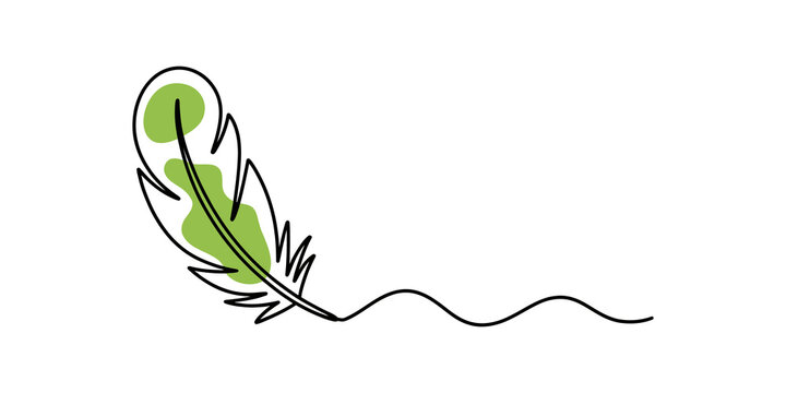 Continuous single line drawing Green feather quill pen drawing a wavy line on paper