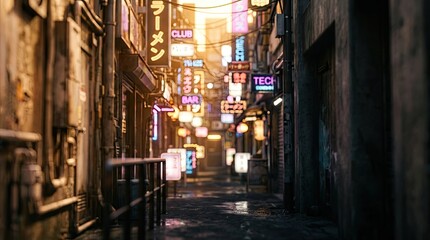 Fototapeta premium Neon Alleyway at Night with Japanese Signs and City Lights