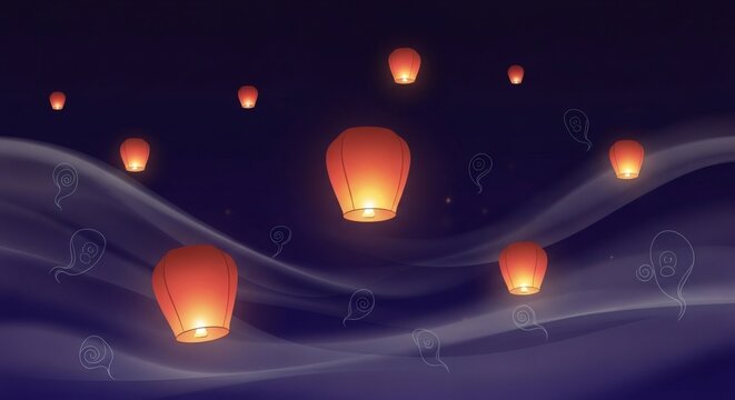 Floating Sky Lanterns Over Ocean at Night &ndash; Peaceful Festival Background for Celebration Design