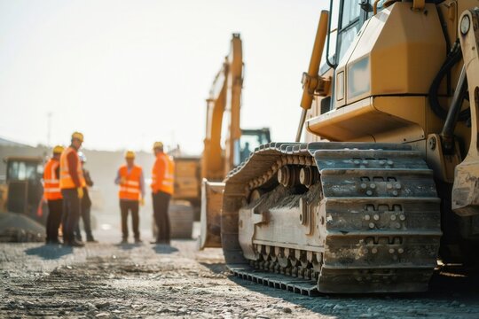 Workers at a construction site near heavy machinery. Industrial team.