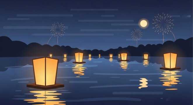 Lanterns Floating on Calm River &ndash; Obon Festival Night Reflection Illustration