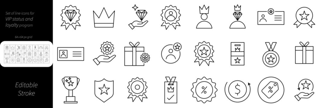 VIP Status and Loyalty Program Icons Set &ndash; Premium Membership, Rewards, Crown, Diamond, Badge, Medal, Gift, Trophy and Exclusive Member Symbols with Editable Stroke Vector Collection