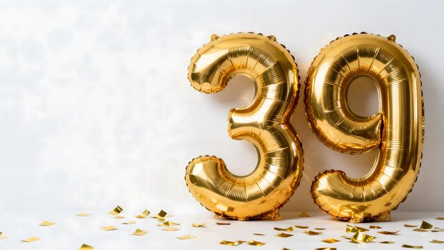 Golden Foil Number 39 Balloons with Gold Confetti for 39th Birthday or Corporate Anniversary Celebration Template with Copy Space